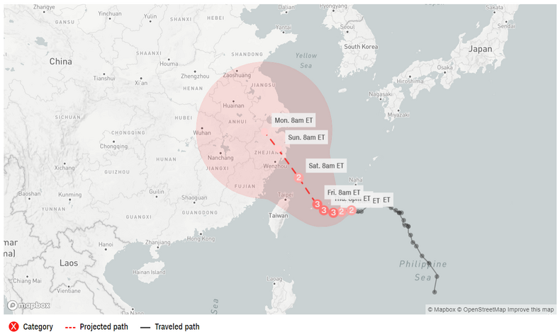 Położenie i prognozowana trasa tajfunu In-fa