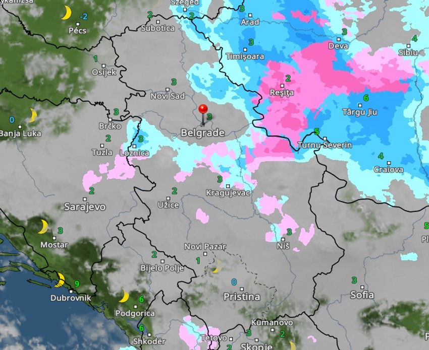Kretanje padavina sutra u 2 časa