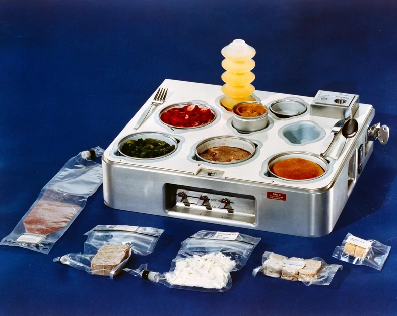 Posiłek spożywany w czasie misji kosmicznych Skylab w latach 70. XX w.: napój winogronowy, pieczeń wołowa, kurczak z ryżem, kanapki z wołowiną, ciastka cukrowe w formie kostek, napój pomarańczowy, truskawki, szparagi, żeberka, bułka i maślany pudding 