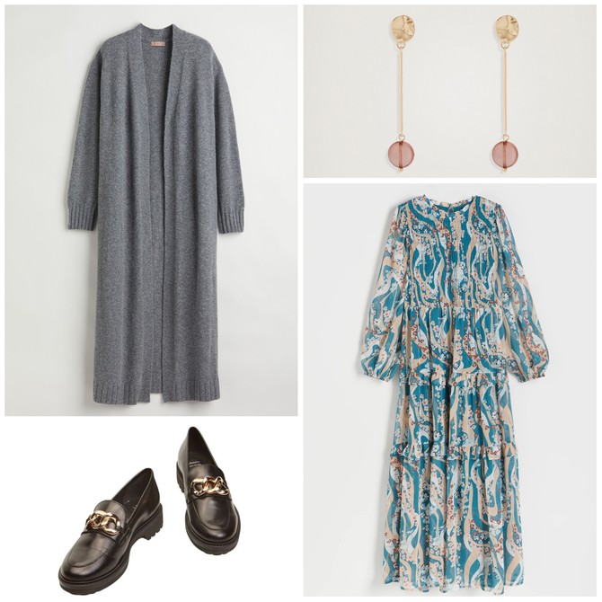 Haljina „Reserved“,  kardigan „H&M“,  minđuše „Parfois“,  mokasine „Bata“