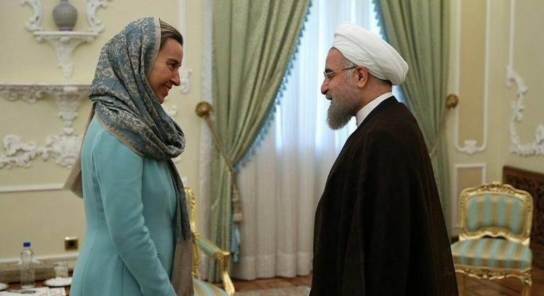 Iranian President Hassan Rouhani (R) and EU diplomatic chief Federica Mogherini held talks on October 29, 2016