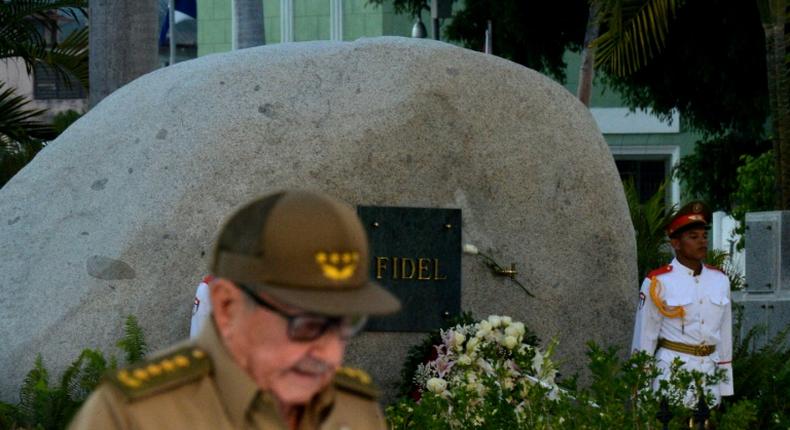Former Cuban president Raul Castro gives a speech in front of his revolutionary brother Fidel Castro's tomb in January 2019