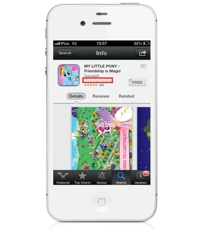 Diamenty, smerfojagody albo skrzynia klejnotów: w zakupach wewnątrz aplikacji w paskudny sposób oskubywani są rodzice i dzieci. Trzeba jednak przyznać - Apple przed instalacją informuje o tego typu zakupach: Offers In-App Purchases.