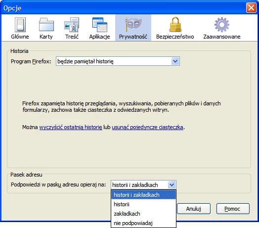 W ustawieniach Firefoksa 3.5 możemy zmienić działanie funkcji podpowiedzi w pasku adresu