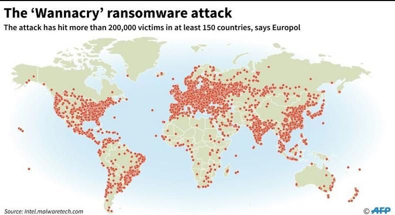 The WannaCry ransomware attack seen in a graphic on May 14, 2017