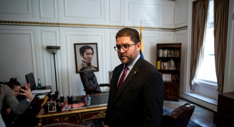 Gustavo Marcano, advisory minister of self-declared Venezuelan president Juan Guaido, stands in a room of the Venezuelan consulate in New York on March 19, 2019