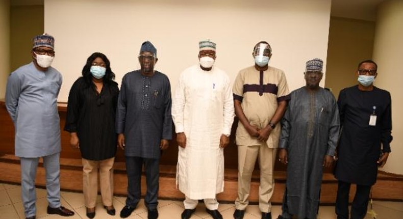 L-R: Director, Compliance Monitoring and Enforcement, Mr. Ephraim Nwokonneya; Director, Policy Competition and Economic Analysis, Ms Josephine Amuwa; Executive Commissioner, Stakeholder Management, Mr. Adeleke Adewolu; Executive Vice Chairman/CEO, Prof. Umar Garba Danbatta; Director, Consumer Affairs Bureau, Mr. Efosa Idehen;  Director, Technical Standards and Network Integrity, Bako Wakil, and Director Public Affairs, Dr. Ikechukwu Adinde,  all of Nigerian Communications Commission, during the 1st Virtual Telecom Consumer Parliament (VTCP) organized by the Commission in Abuja on Friday (21/08/2020).