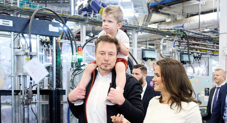 In this picture issued Sept. 26, 2023, by the Hungarian President's Press Office, Hungarian President Katalin Novak and founder and CEO of Tesla, Inc. Elon Musk tours the recently inaugurated Tesla plant Gigafactory Texas in Austin, Texas, Monday, Sept. 25, 2023. Novak stays on a week-long visit in the United States. (Gyula Bartos/Hungarian President's Press Office/MTI via AP)