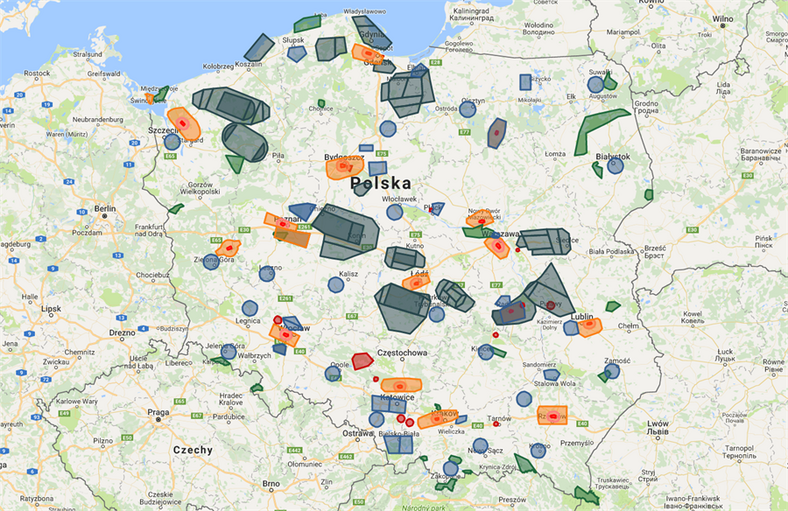 Mapa Polskiej Agencji Żeglugi Powietrznej informująca gdzie można latać dronem, a gdzie potrzebne SA zezwolenia, lub jest to całkowicie zakazane