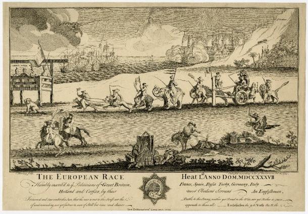 „Europejski wyścig. Gonitwa I, pierwsza poświęcona Rosji satyryczna ilustracja, z niedźwiedziem, 10 października 1737 r.