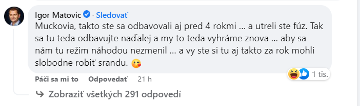 Igor Matovič komentuje príspevky na satirickej facebookovej stránke. 