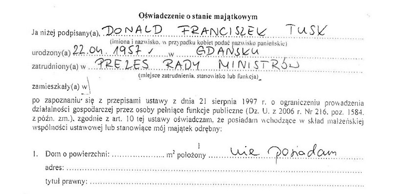 Donald Tusk - oświadczenie majątkowe - 2012