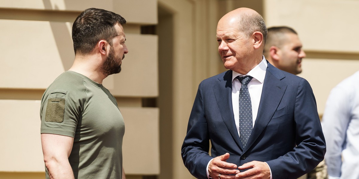 Prezydent Ukrainy Wołodymyr Zełenski i kanclerz Niemiec Olaf Scholz w Kijowie. 16 czerwca 2022 r.