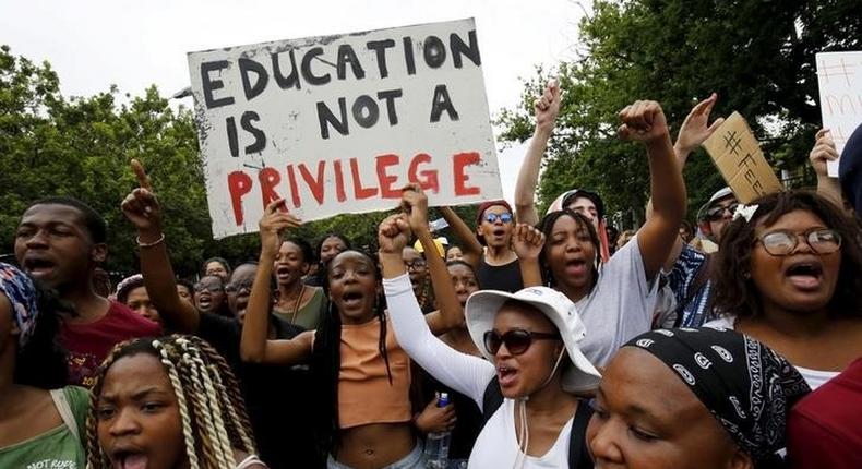 Students protest over planned increases in tuition fees in Stellenbosch, October 23, 2015. REUTERS/Mike Hutchings