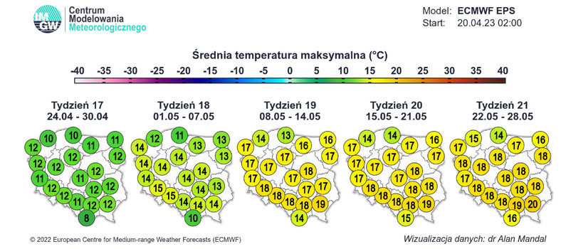 Średnia temperatura maksymalna w pierwszym tygodniu maja wyniesie na ogół od 10 do 15 st. C