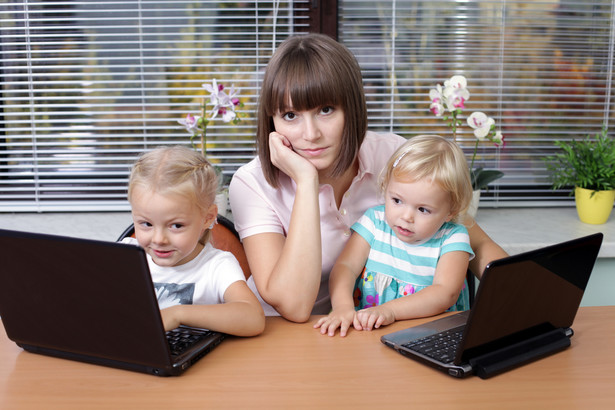 matka, dzieci, praca, komputer, internet
