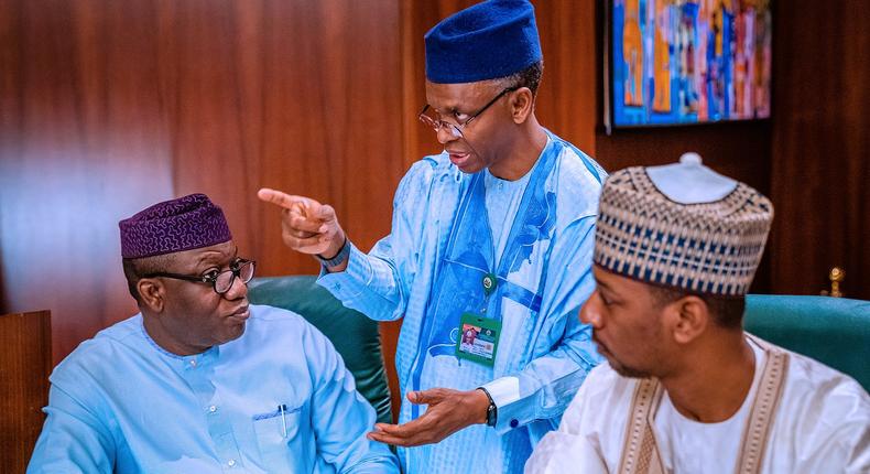 Ekiti state Governor, Kayode Fayemi (Left) and his Kaduna state counterpart, Nasir El-Rufai at the National Economic Council meeting in Abuja on Thursday, March 19, 2020. []Twitter/@BashirAhmaad]