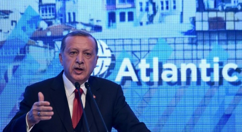 Turkish President Recep Tayyip Erdogan gives a speech at the Atlantic Council summit in Istanbul on April 28, 2017