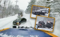 Wyprzedzał "na trzeciego". Pług śnieżny przeciął jego Subaru jak nóż masło