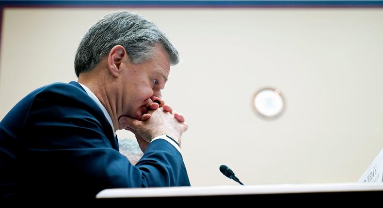 FBI Director Christopher Wray listens during his testimony on Capitol Hill in Washington, Tuesday, March 8, 2022, during a House Permanent Select Committee on Intelligence hearing on worldwide threats.