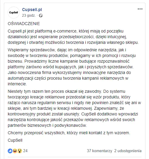 źródło: zrzut ekranu Facebook/Cupsell.pl