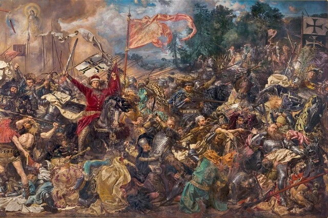 Fragment obrazu Bitwa pod Grunwaldem Jana Matejki, w prawym dolnym rogu komtur pokarmiński Markward von Salzbach pochwycony na arkan przez Tatara