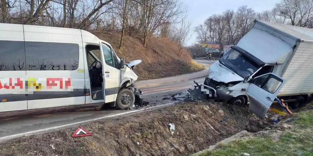 Dębiany. Zderzenie mercedesa dostawczego z kursowym busem