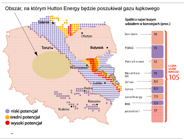 Obszar, na którym Hutton Energy będzie poszukiwał gazu łupkowego