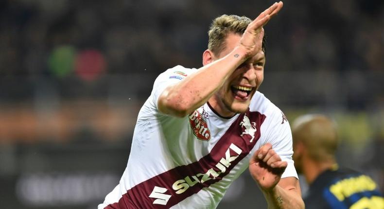 Torino's forward Andrea Belotti, famous for his goal celebration mimicking a rooster's comb with an open hand to his forehead