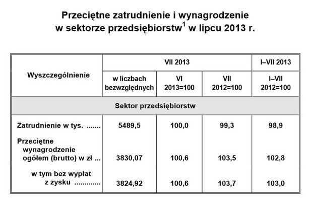 Przeciętne wynagrodzenie i zatrudnienie w sektorze przedsiębiorstw w lipcu 2013. Źródło: GUS