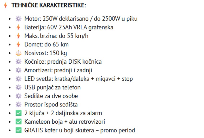 opis tehničkih karakteristika