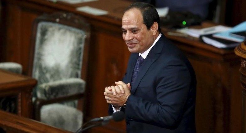 Egypt's President Abdel Fattah al-Sisi reacts after delivering a speech at the Lower House of parliament in Tokyo, Japan, February 29, 2016. 