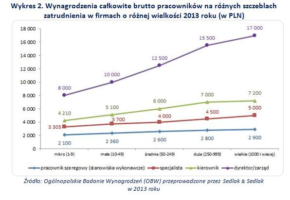 Wynagrodzenia całkowite brutto pracowników na różnych szczeblach zatrudnienia w firmach o różnej wielkości 2013 roku (w PLN)