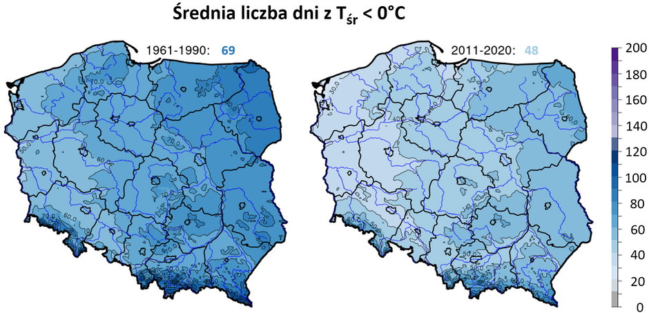 Po lewej: liczba dni ze średnią temperaturą dobową <0°C w okresie 1961-1990, po prawej w latach 2011-2020
