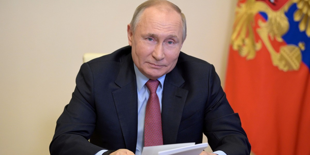 Russian President Putin attends a video conference meeting with representatives of the French busine