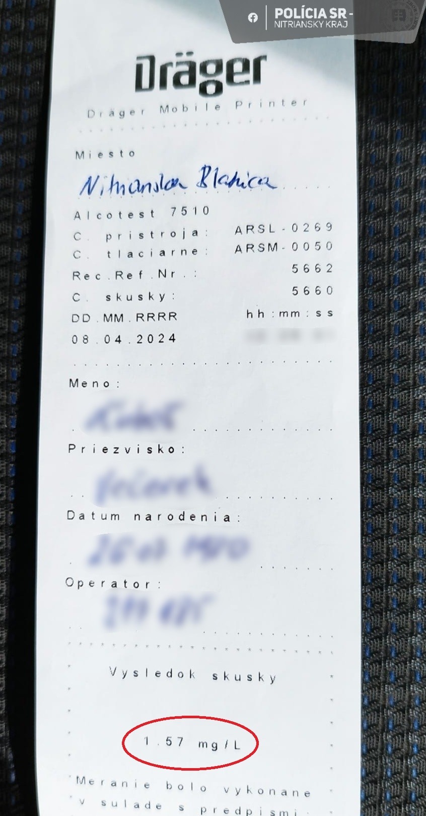 Vodič bol podrobený dychovej skúške na alkohol s pozitívnym výsledkom.