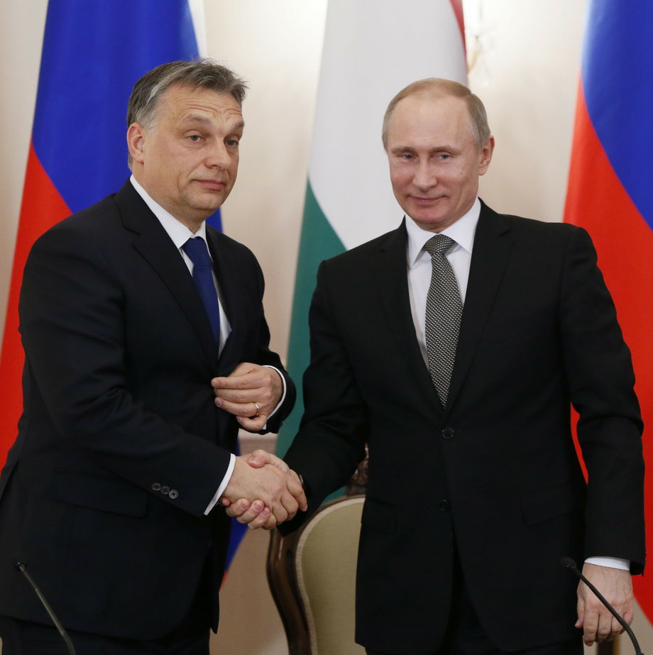 Photo from January 14, 2014. Vladimir Putin shakes the hand of Hungarian Prime Minister Viktor Orban during a meeting in a residence near Moscow on the occasion of the award of the contract to Rosatom.