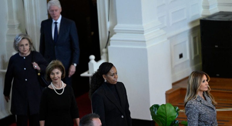 From left to right: Hillary Clinton, Laura Bush, Michelle Obama, and Melania Trump arrive for a tribute service for former first lady Rosalynn Carter at Glenn Memorial Church in Atlanta, Georgia, on November 28, 2023.Andrew Caballero-Reynolds/AFP via Getty Images