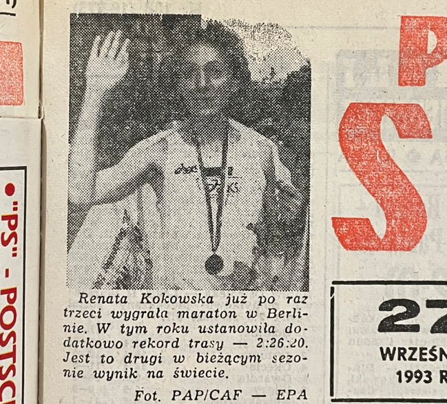 Fragment artykułu w „Przeglądzie Sportowym” po zwycięstwie Renaty Kokowskiej w Berlinie (1993)
