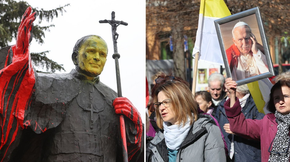 Zniszczony pomnik Jana Pawła II w Łodzi i marsz papieski w Nowym Targu