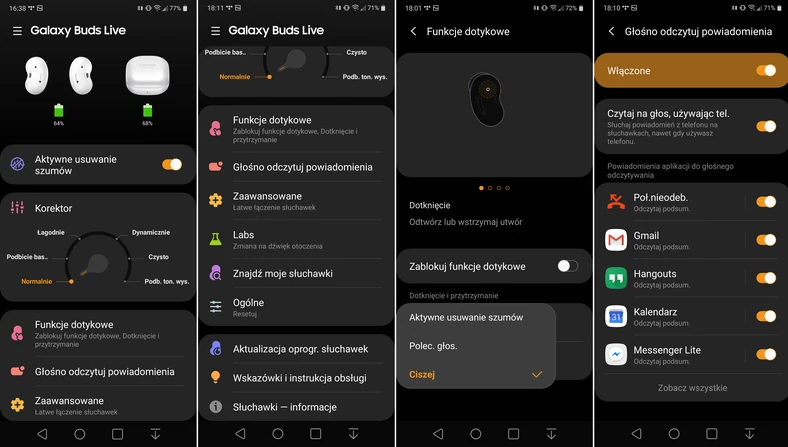 Podstawowe ekrany aplikacji sterującej pracą słuchawek Galaxy Buds Live (kliknij, aby powiększyć) 