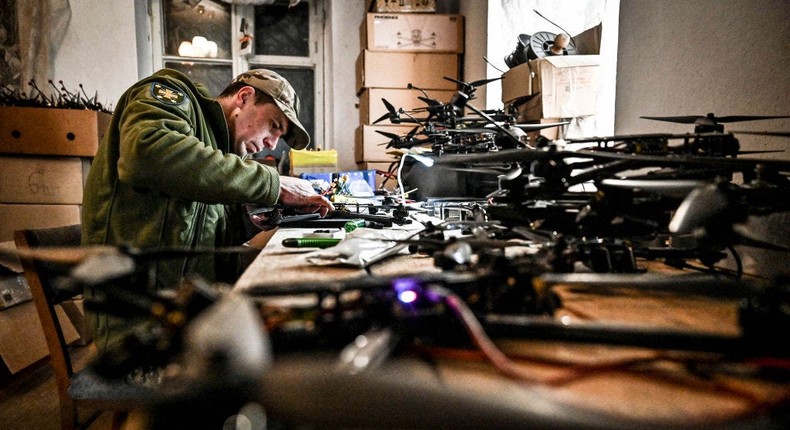 A Ukrainian serviceman is assembling a reusable bomber drone in Zaporizhzhia, Ukraine, on March 8, 2024.Ukrinform/NurPhoto via Getty Images