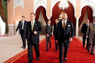 King Mohammed VI of Morocco and UN Secretary-General Ban Ki-moon walk at the Royal Palace during the UN Climate Change Conference 2016 in Marrakech