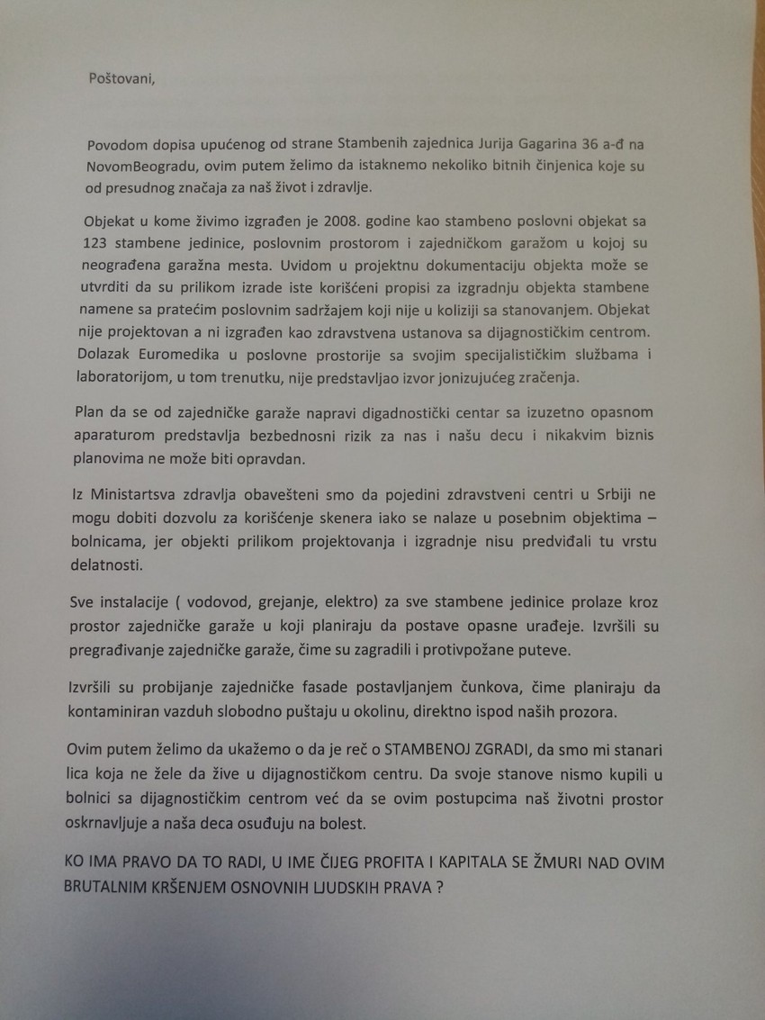 Dopis Direkciji za zaštitu od jonizujućih zračenja