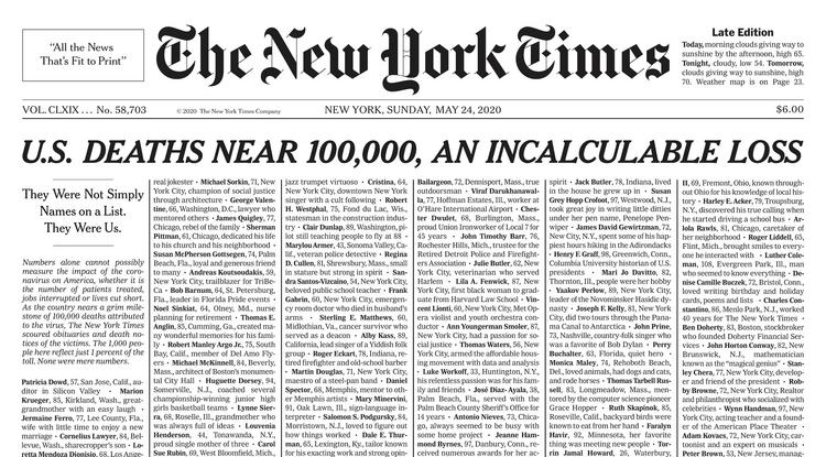 A New York Times május 24-i címlapja a koronavírus-járvány 1000 amerikai áldozatával