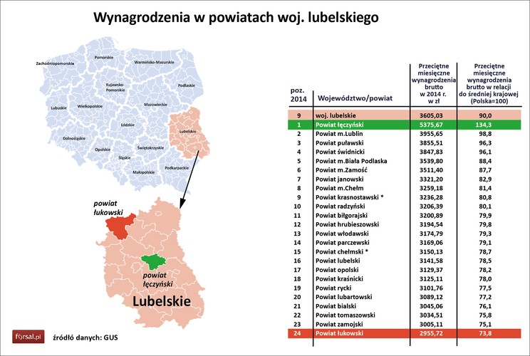 Lubelskie to po Podkarpaciu drugi najbiedniejszy region w Polsce. PKB na mieszkańca wynosi tu 29,4 tys. zł, czyli 70,3 proc. średniej w kraju. Przeciętne zarobki w 2014 roku sięgały 3605 zł brutto (90 proc. średniej dla Polski). Dane te są jednak zawyżone przez jeden region – powiat łęczyński. To właśnie tutaj działa Lubelski Węgiel Bogdanka, jeden z liderów rynku producentów węgla kamiennego w Polsce, zatrudniający ponad 5,8 tys. osób. Jak wynika z informacji podanych przez spółkę, w 2014 roku średnie miesięczne wynagrodzenie w koncernie sięgało 7373,9 zł brutto.<br>

<br>Dopiero na drugim miejscu w regionie plasuje się stolica województwa – Lublin. Średnie zarobki wynoszą tu 3955 zł. Do największych firm działających na Lubelszczyźnie należą: Emperia (Lublin), Zakłady Azotowe Puławy (tu średnie zarobki w 2014 roku sięgały 5,4 tys. zł) czy producent mebli Black Red White (Biłgoraj).<br>

<br>Ostatnie miejsce w rankingu zarobków zajmuje powiat łukowski, słynący głównie z rozwiniętego przemysłu spożywczego – szczególnie zakładów mięsnych i firm wędliniarskich. Średnia pensja w 2014 roku sięgała tu 2955 zł brutto (73,8 proc. średniej krajowej).