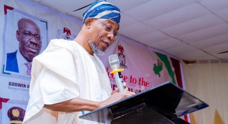 Ogbeni Rauf Aregbesola giving his remarks at the opening ceremony of the Comptroller General of Immigration annual conference holding in Benin. [NAN]