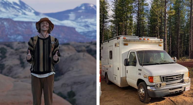 Kaden Smith (left) purchased a decommissioned ambulance (right) for $9,000 and spent $8,000 turning it into a home on wheels.Courtesy of Kaden Smith
