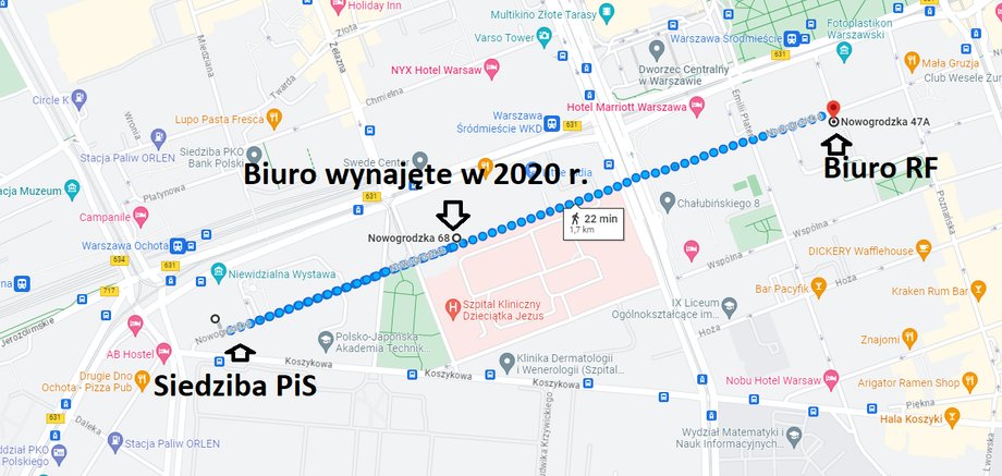 Wynajęte biuro od siedziby PIS dzieli 6 minut spacerem