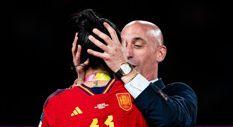 President of the Royal Spanish Football Federation Luis Rubiales (R) kisses Jennifer Hermoso of Spain (L) during the medal ceremony of FIFA Women's World Cup Australia & New Zealand 2023 Final match between Spain and England at Stadium Australia on August 20, 2023 in Sydney, Australia.Noemi Llamas/Eurasia Sport Images/Getty Images